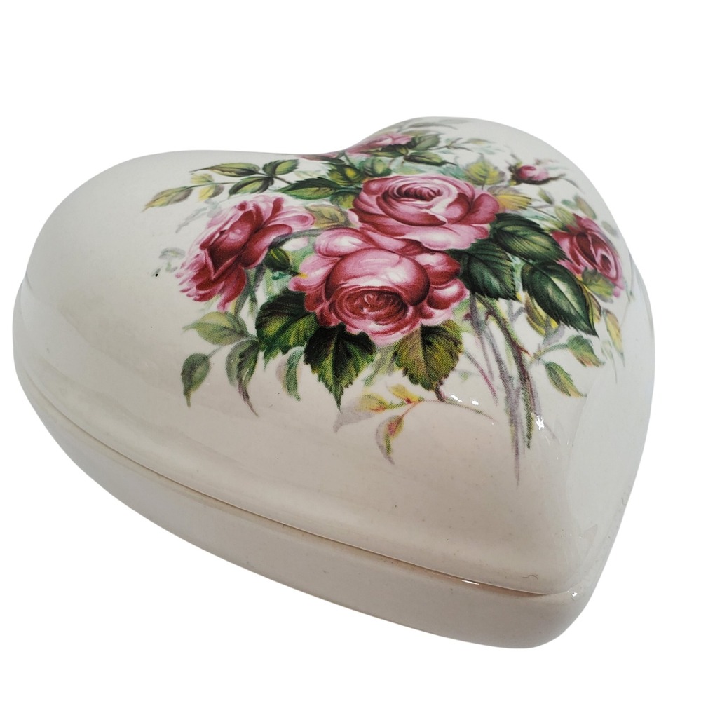 VB Athena Heart Trinket Box  Cream  Pink Rose‎ Floral Ceramic USA
